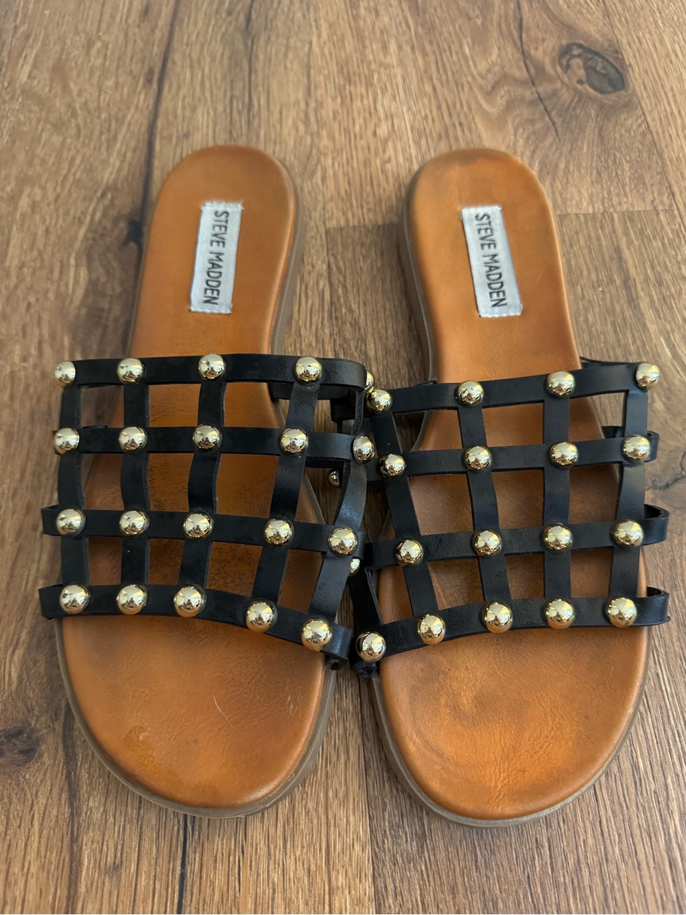 Steve Madden Black Woven Slide Sandals with Gold Studs